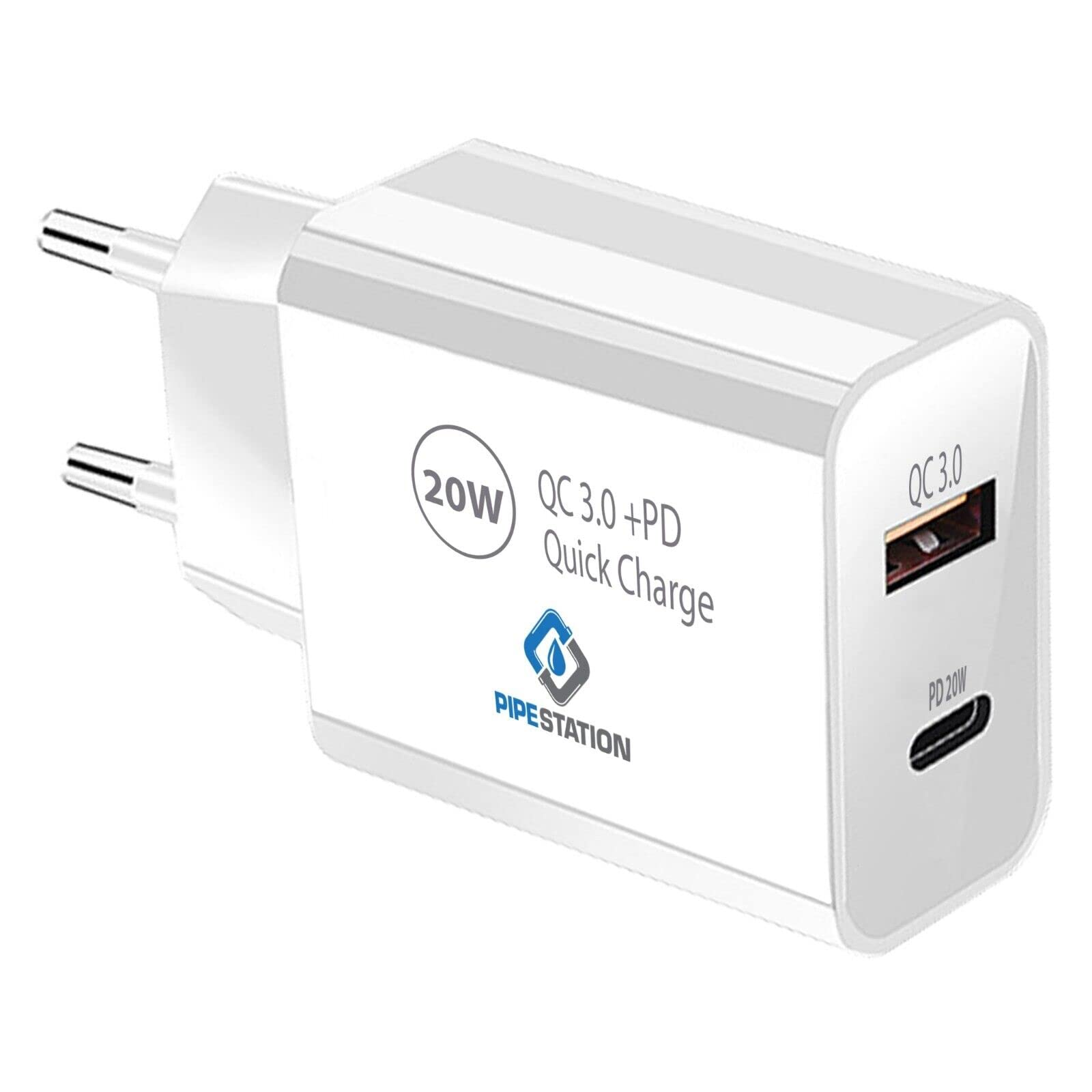 Pipestation 20W European USB Charger Plug with USB-C Fast Charger | European Portable Universal Travel Adapter for Spain, Italy, Greece, France, Europe | EU Plug to 2-Pin Euro Adaptor