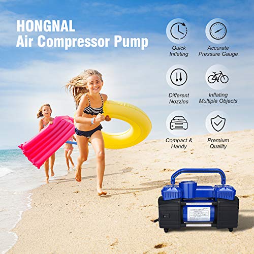 HONGNAL Portable Air Compressor Tire Inflator, 150PSI Car Air Pump Compressor with 4 Nozzle Attachments,LED Light,Air Hose,Battery Clamp,DC 12V for Pumping Car Tires, Bicycles, Trucks & Inflatables