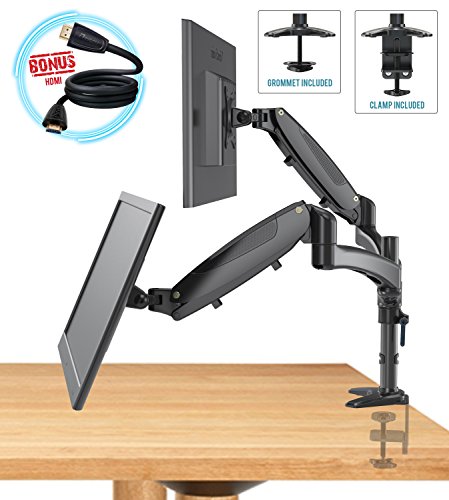 Dual Computer Monitor Stand Arm Mount Adjustable Monitors Mounts Riser C Clamp Grommet Kit HDMI Cable Management Standing Desk Converter VESA LED LCD Gas Springs Flat Screens Full Motion 15 To 27 inch