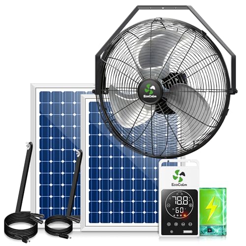 ecoCalm Solar Fan Wall Mount Waterproof, Metal Solar Powered Fan with Battery & Adjustable Thermostat, 18" Heavy Duty Outdoor Fans for Patios 3 Speeds, 180° Tilt