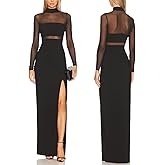 Aigeman Women See Through Mesh Long Sleeves Maxi Dress Turtleneck Bodycon Long Dresses Side Slit Cocktail Party Dress 451