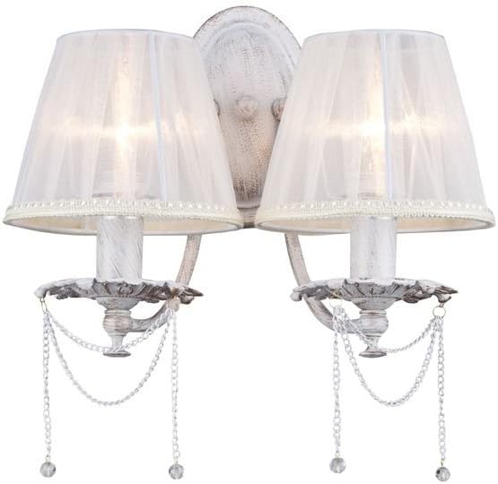 Antique Traditional Wall Light 2-Bulb, wei?, Clear Crystal Teardrop Metal Beige Organza Shades Shabby Chic Over Mantle 4FT1 Excl. E14 2 x 40 W 220 V Classic Gold [Energy Class A++]