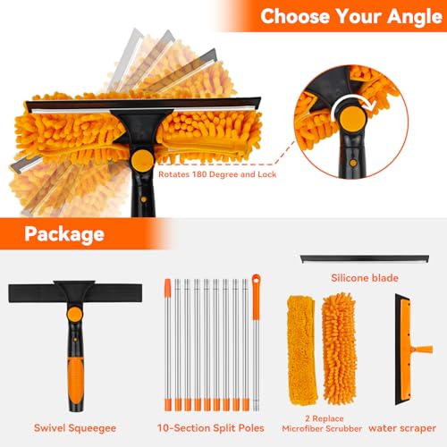 Window Cleaning Tools Window Squeegee: 2 in 1 Double-Sided Professional Cleaner Window Washing Kit with Extension Pole 4.5M Duster for High Ceilings Microfiber Scrubber for Indoor Outdoor High Glass