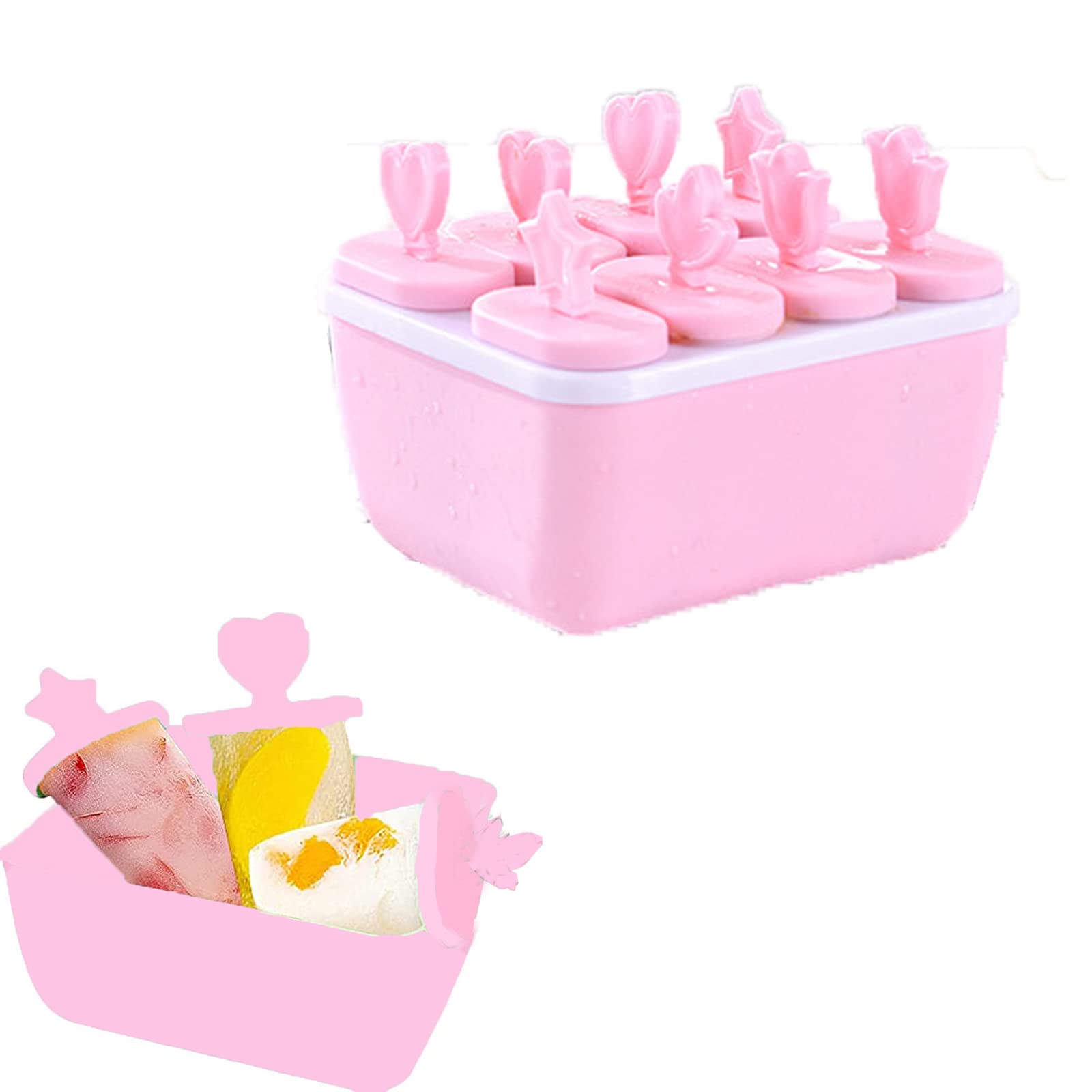 Ice Lolly Moulds, Plastic, Ice Lolly Moulds, 8 Ice Lolly Mould with Sticks, DIY Homemade Creative Popsicle Moulds for Children and Adults (Pink)