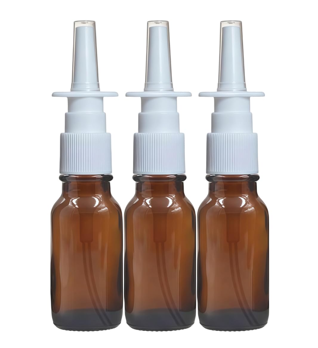 3PCS 15ML Empty Refillable Amber Glass Nasal Spray Bottle Pump Sprayers Snoot Cleanser Container for Dispensing Wash