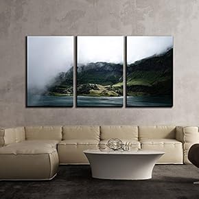 3 Piece Canvas Wall Art - Landscape with Mountains in Fog - Modern Home Art Stretched and Framed Ready to Hang - 16"x24"x3 Panels
