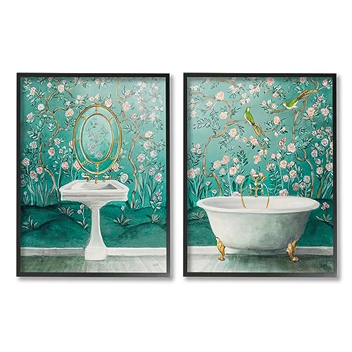 Stupell Industries Floral Patterned Bathroom 2 Piece Black Framed Giclee Art Se…