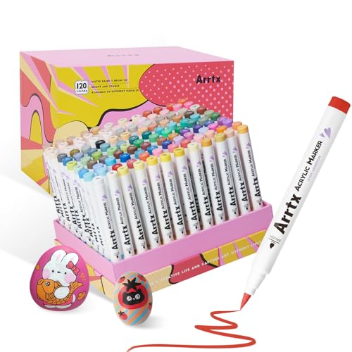 Arrtx 120 Acrylstifte für Steine Wasserfest, Graffiti Acrylstifte Marker Pinsel Spitze, Acrylmarker für Glas, Steine malerei, Keramik, Holz, Met, DIY,