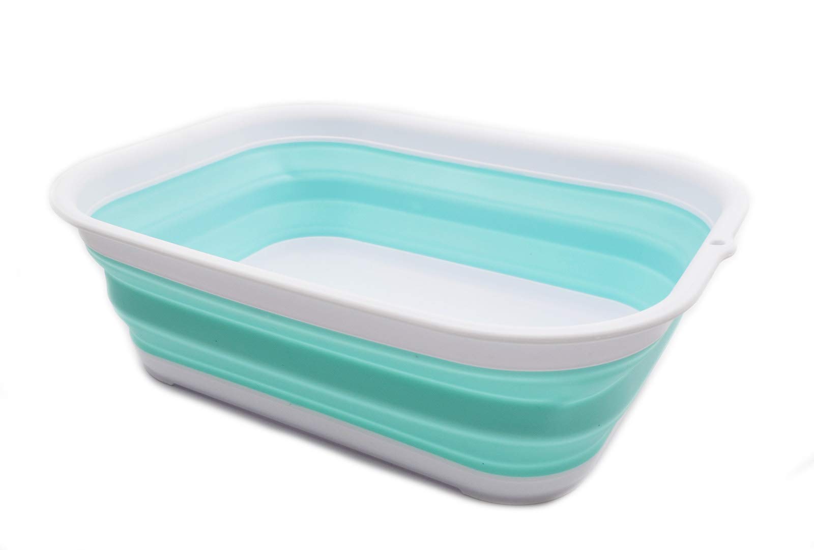 SAMMART 12L Collapsible Tub - Foldable Dish Tub - Portable Washing Basin - Space Saving Plastic Washtub (White/Lake Green)