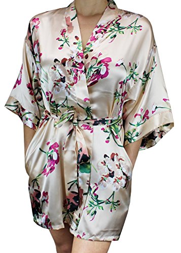 Ms Lovely Women's Floral Satin Bridesmaid Robe Short Kimono W/Pockets for Bridal Party - Champagne M/L - Thumbnail 2