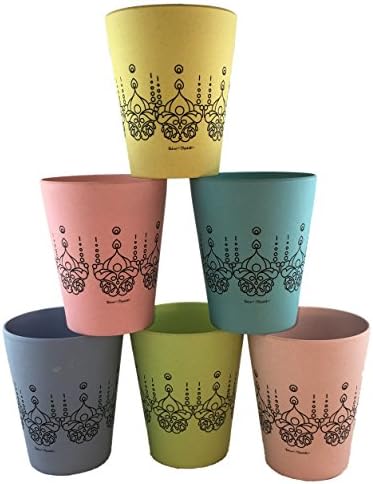 Unique Designer Cups (6) for Hot/Cold liquids. Colorful Natural Bamboo Fiber. Eco Friendly and Biodegradable. Ideal for Adults and Children in the Home or Outdoors for Picnics, Poolside, Camping.