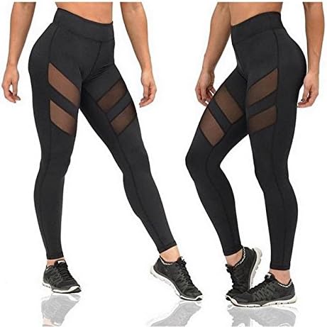 Moon Market Women's Workout Yoga Excercise Gym Ruuninng Stretchy Skinny Sheer Mesh Leggings Tights Capris Pants (L, A)