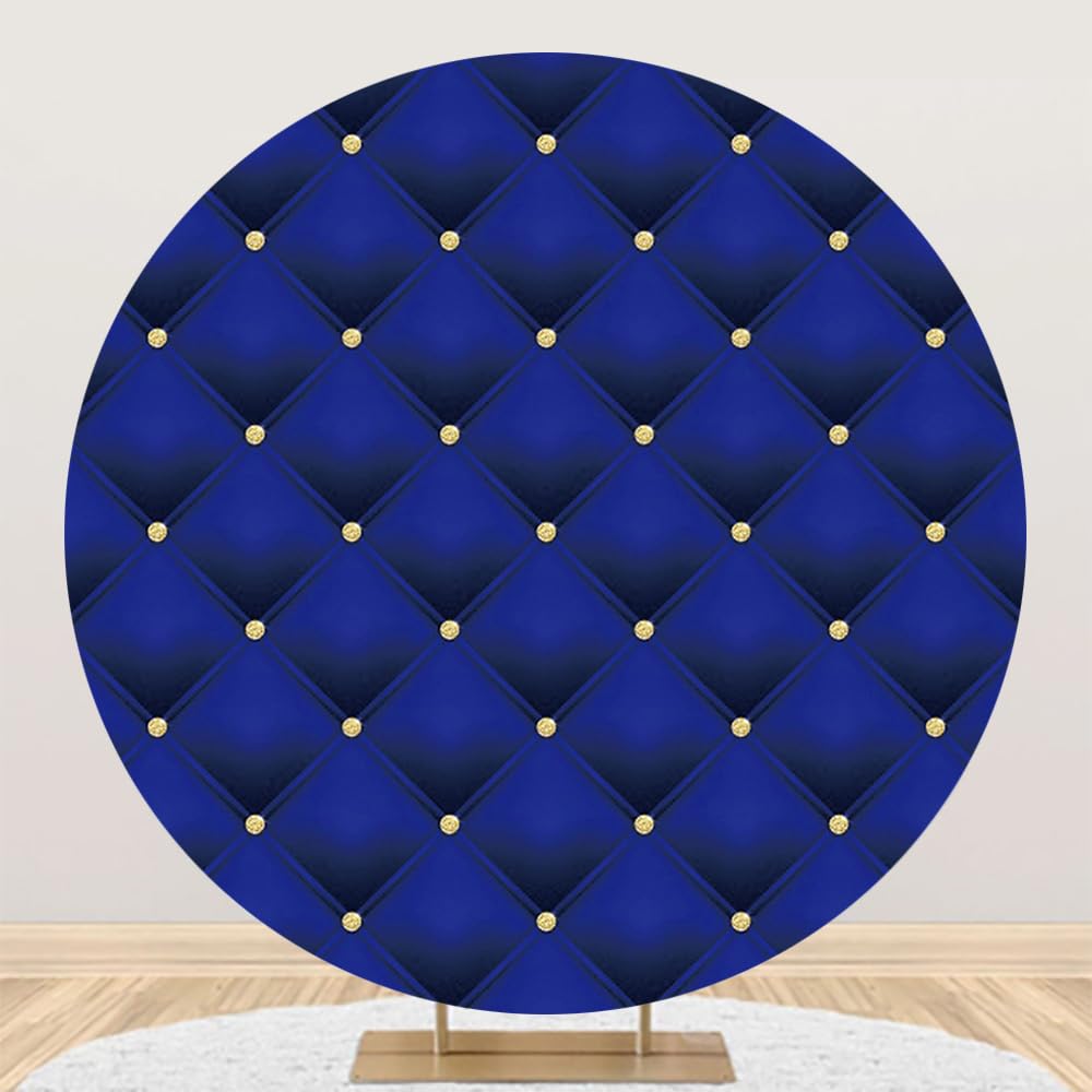 Photo 1 of Renaiss 7.2x7.2ft Royal Blue Round Backdrop Cover Gold Diamonds Blue Tufted Checks Circle Photography Background Welcome Newborn Wedding Baby Shower Grad Birthday Party Decor Arch Photo Booth Props