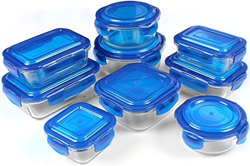 Glass Food Storage Container Set - Blue - 18 Pieces Set (9 Containers and 9 Lids) - Reusable - Multipurpose Use for Home Kitchen or Restaurant - BPA Free - by Utopia Kitchen