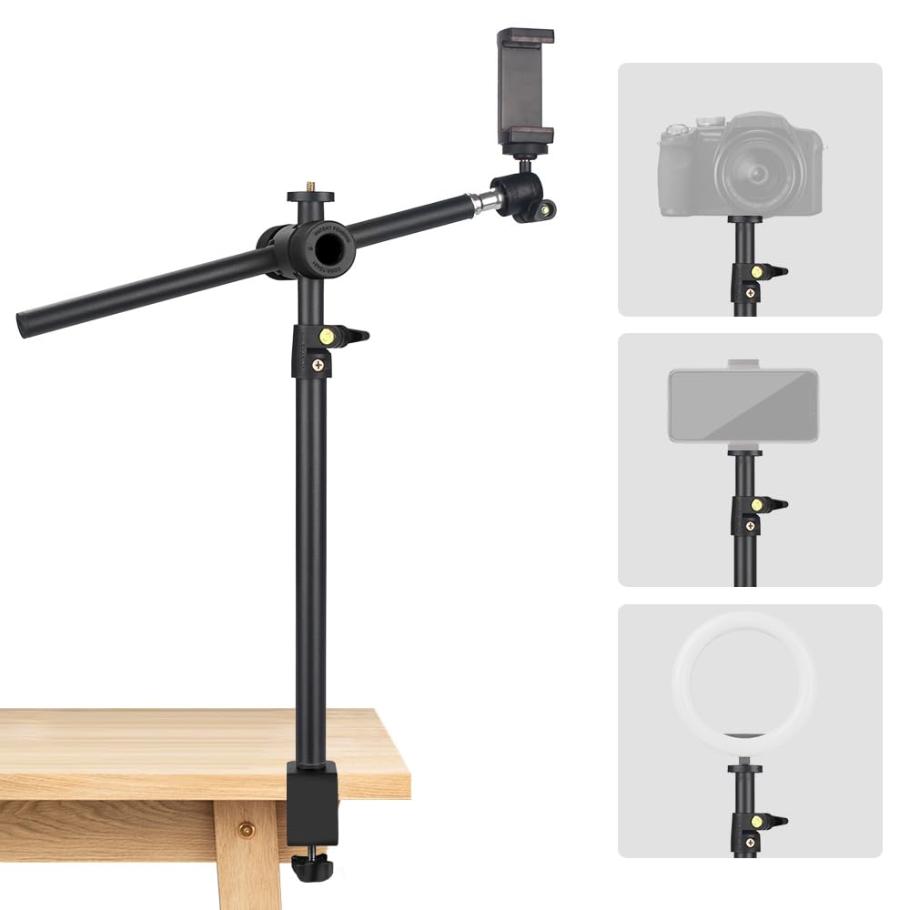 JEBUTU OS01 Camera Desk Mount with Flexible Overhead Boom Arm, 32.5-55cm Adjustable C-clamp Tabletop Light Stand with 1/4" Ball Head for Smartphones, Ring Light, Webcam, Action Cameras