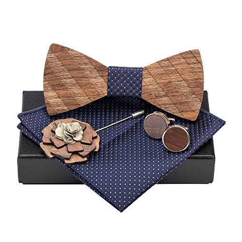 Amzchoice Classic Handmade Mens Wood Bow Tie with Matching Pocket Square Men's Cufflinks Lapel Flower Set (121) - Thumbnail 6