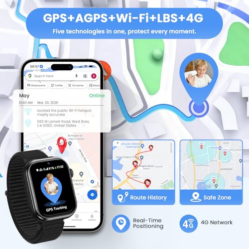 4G Montre Connectée Enfant, Montre Telephone Enfant avec GPS, Double Caméra, Appel Vidéo, Chat Vocal, SOS, Mode Classe, Lampe Torche, IP68, Podomètre, Cadeau pour Garçons Filles, Noir, Garantie 3 Ans