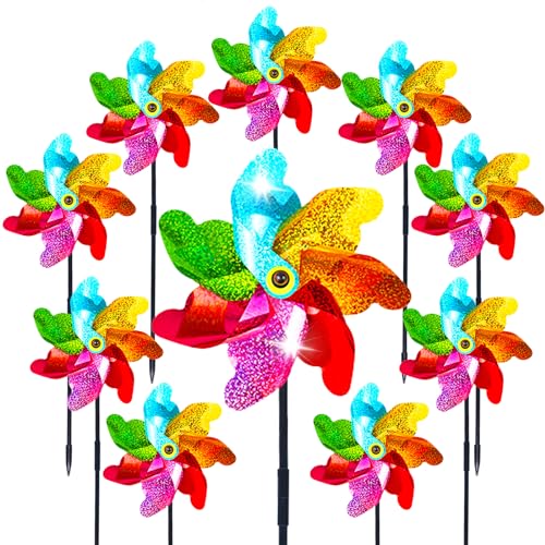 10 Packs Pinwheels for Yard and Garden Rainbow Pinwheel Colorful Wind Spinners Lawn Windmill Scare Birds Animal Away Spinners for Yard Garden Party Picnic Decor
