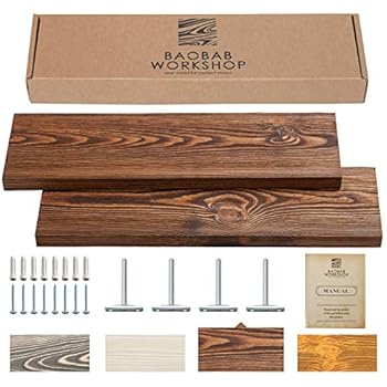 Wood Floating Shelves Set of 2 - Rustic Floating Shelves 24 inch - Made in Europe - Wide Wooden Wall Shelves For Living Room Bedroom Kitchen Bathroom Farmhouse - Dark Walnut Color - 24