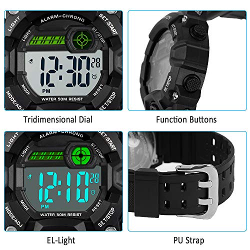 Venhoo Digital Kids Watches Outdoor Sport Waterproof Electronic LED Alarm Stopwatch Luminous Wrist Watch for Kids Boys Girls-Black - Thumbnail 4