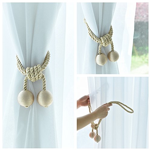 Turbokey 2pcs Curtain Tiebacks Rope Ball Braided Drapery Tassel Clip Buckle Decorative Hand-Knitted Cord Bandages - Beige