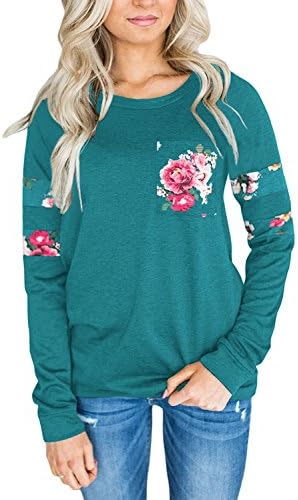 Womens Long Sleeve Shirt Casual Round Neck Loose Tunic Top Blouse Floral Fashion Sweatshirt Blouses And Tops(Green,Large)