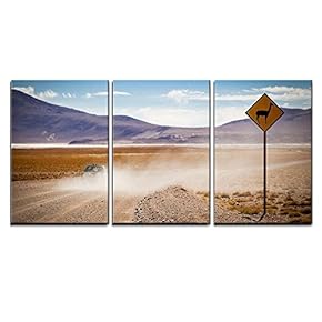 3 Piece Canvas Wall Art - Llama Warning Sign at Bolivian Desert - Modern Home Art Stretched and Framed Ready to Hang - 16"x24"x3 Panels