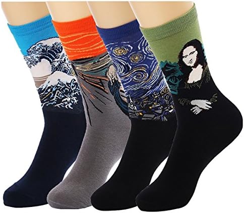 4-Pack Men&amp;Women's Famous Artwork Print Crew Socks, Alternative Novelty High Dress Socks Cotton, Multicolors, One Size (4 Pair Mix)