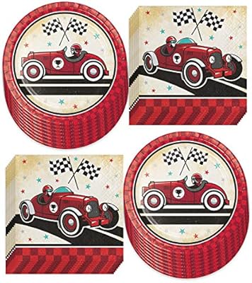Vintage Racecar Party Supplies Red Race Car Driver Checkered Flag Paper Dessert Plates And Beverage Napkins Serves 16