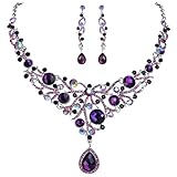 EVER FAITH Deluxe Purple Teardrop Crystal Pendant Necklace Earrings Set Silver-Tone