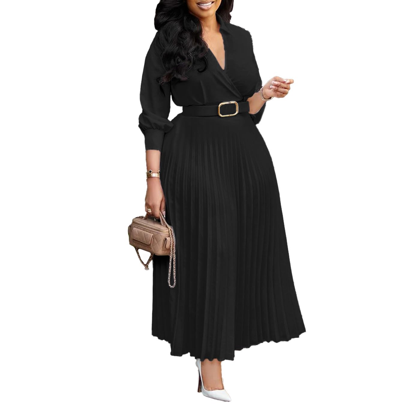 Photo 1 of Elainone Women’s 3/4 Sleeve Pleated A Line Dress Wedding Guest Semi Formal Office Lady Dresses with Belt Black L