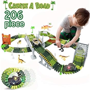 Aokesi Dinosaur Train Track Toy, 206 Pcs Educational Twisted Flexible Track Playset and 2 Pcs Cool Dinosaur Car - Create a Road Jurassic Escape World for Christmas & Birthday Gift for Boys & Girls
