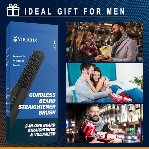 Beard Straightener Comb for Men, VIKICON Wireless Beard Straightening Brush, 3 Adjustable Temperature Levels, Rechargeable Ionic Brush for Hair & Beard, Anti-scalding, Portable (Black)
