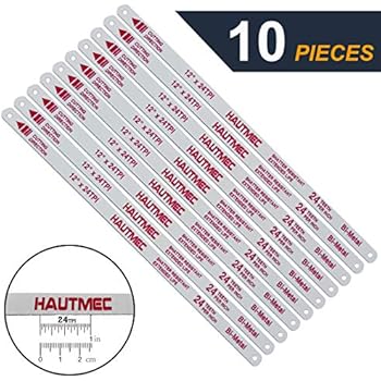 HAUTMEC Hacksaw Replacement Blades BI-METAL (10 Pack) High Speed Steel Grounded Teeth 24 TPI x 12