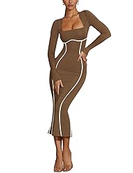 Lrady Women's Sexy Square Neck Bodycon Midi Dresses