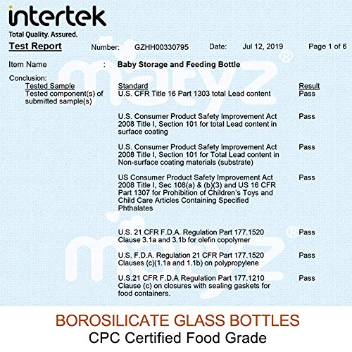 Matyz 6Pack Borosilicate Glass Breast Milk Bottles (6 oz, 3 Colors