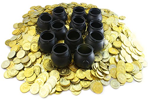 420 Plastic Gold Coins Plus 12 Mini Black Cauldron Pots Bundle By WellPackBox for Halloween St Patrick Parties Candy Bucket, Candy Kettle Pot of Gold - Thumbnail 3