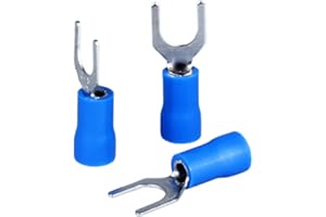 DIANQI 100Pcs 16-14 AWG Insulated Fork Spade Wire Connectors, SV2-5 U Type Electrical Crimp Terminals Kit for 1.5-2.5mm Cable USA Screw#10 (Blue)