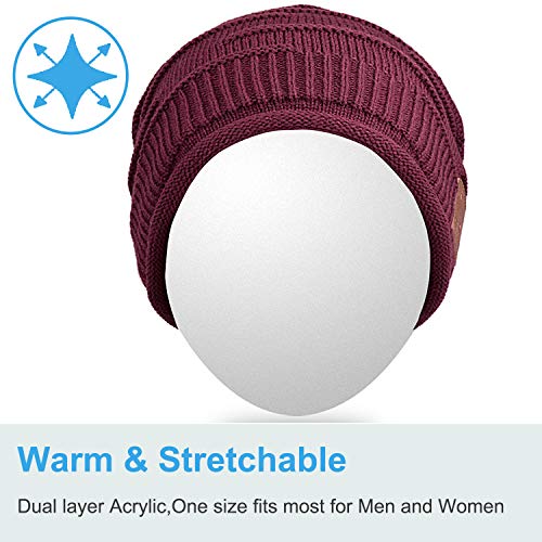 Mydeal Wireless Bluetooth Beanie Hat Headphones Headsets Music Audio Cap with Speakers Mic Hands Free for Women Men Outdoor Sports,Compatible with Iphone 7/7 plus,Samsung,Christmas Gifts - Burgundy