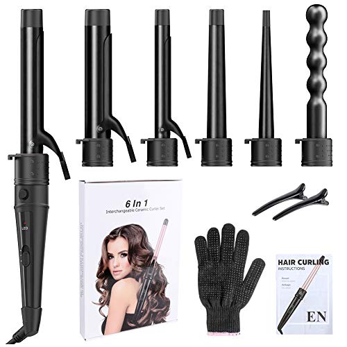 6-IN-1 Curling Iron, Professional Curling Wand Set, Instant Heat Up Hair Curler with 6 Interchangeable Ceramic Barrels (0.35'' to 1.25'') and 2 Temperature Adjustments (Black) - Thumbnail 6