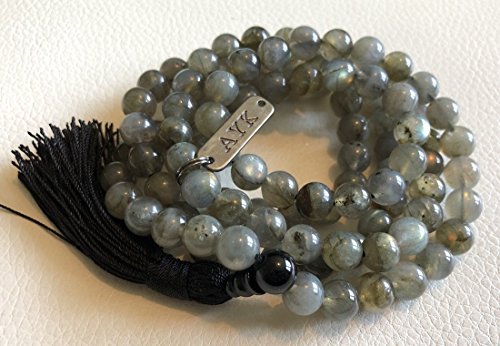 Labradorite Mala Beads 8mm High Grade Tassel mala Necklace | Fifth Chakra | Throat Chakra | Communication Self Expression Creativity in Writing Public Speaking | W/free velvet mala pouch | US Seller