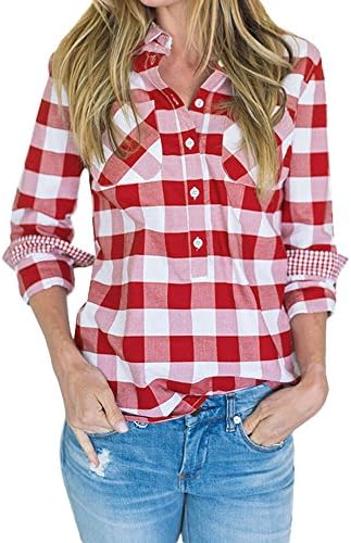 Xander Women Long Sleeve Plaid Boyfriend Button Polo Shirt Pocket Tunic Tops (S, Red)