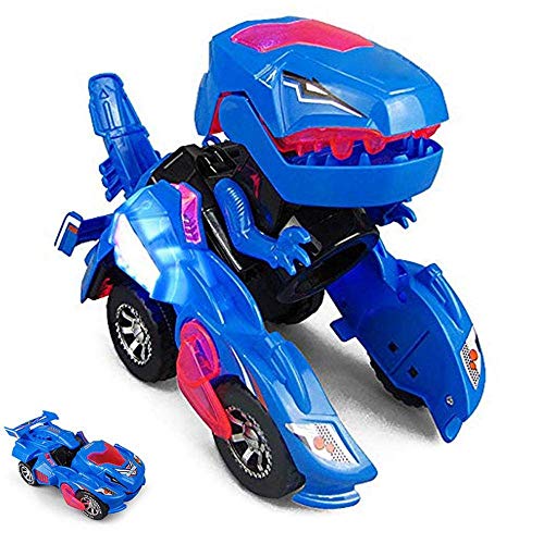 RcLigent Transforming Dinosaur Toy, Transforming Dinosaur Led Car Automatic Dino Dinosaur Transformer Toy Car (Blue)