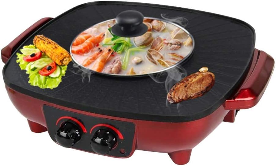 DHINGM Korean Barbecue Hot Pot Double Pot, Integrated Cooker Pot, Electric Hot Pot Electric Barbecue Electric Baking Pan，faster and More Uniform Heating (Color : Red)