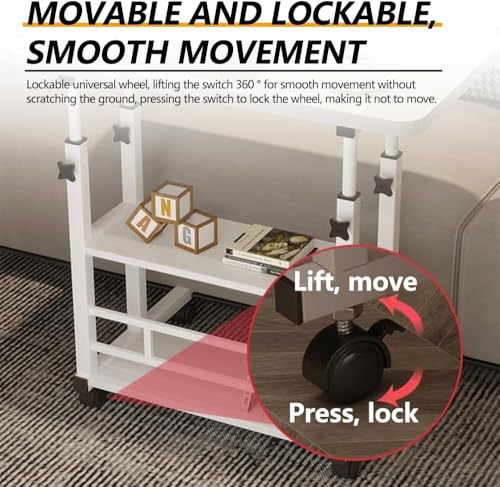 Home Office Desk, Height Adjustable Laptop Table with Shelf, Portable Small Computer Desk with Rolling Wheel, Modern Side Table for Work Study Reading,Stable and Durable, 80 * 40 * 60-90cm.