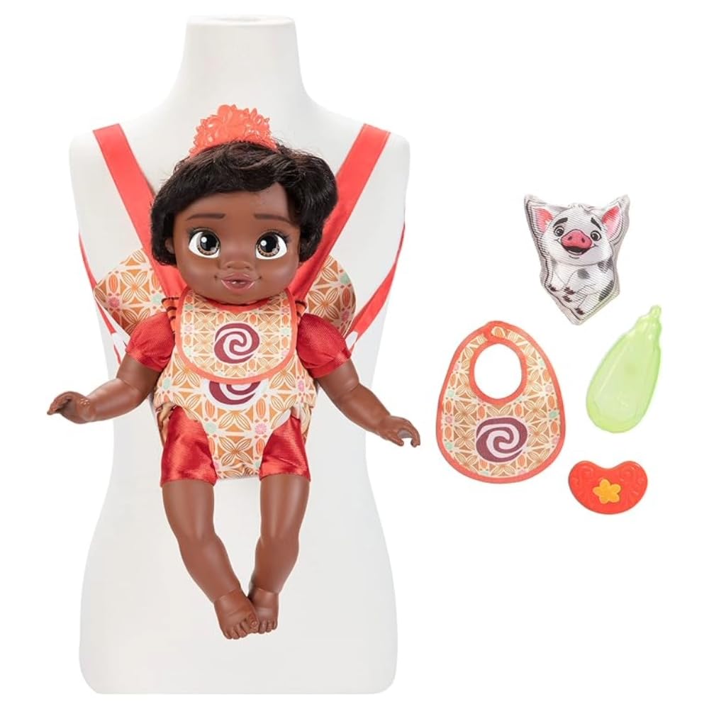 Disney Princess Moana Baby Doll with Carrier Set, Official Disney by Jakks Pacific, Includes Baby Moana Doll with Baby Carrier, and Accessories, for Girls, Roleplay Fun for Kids 2+