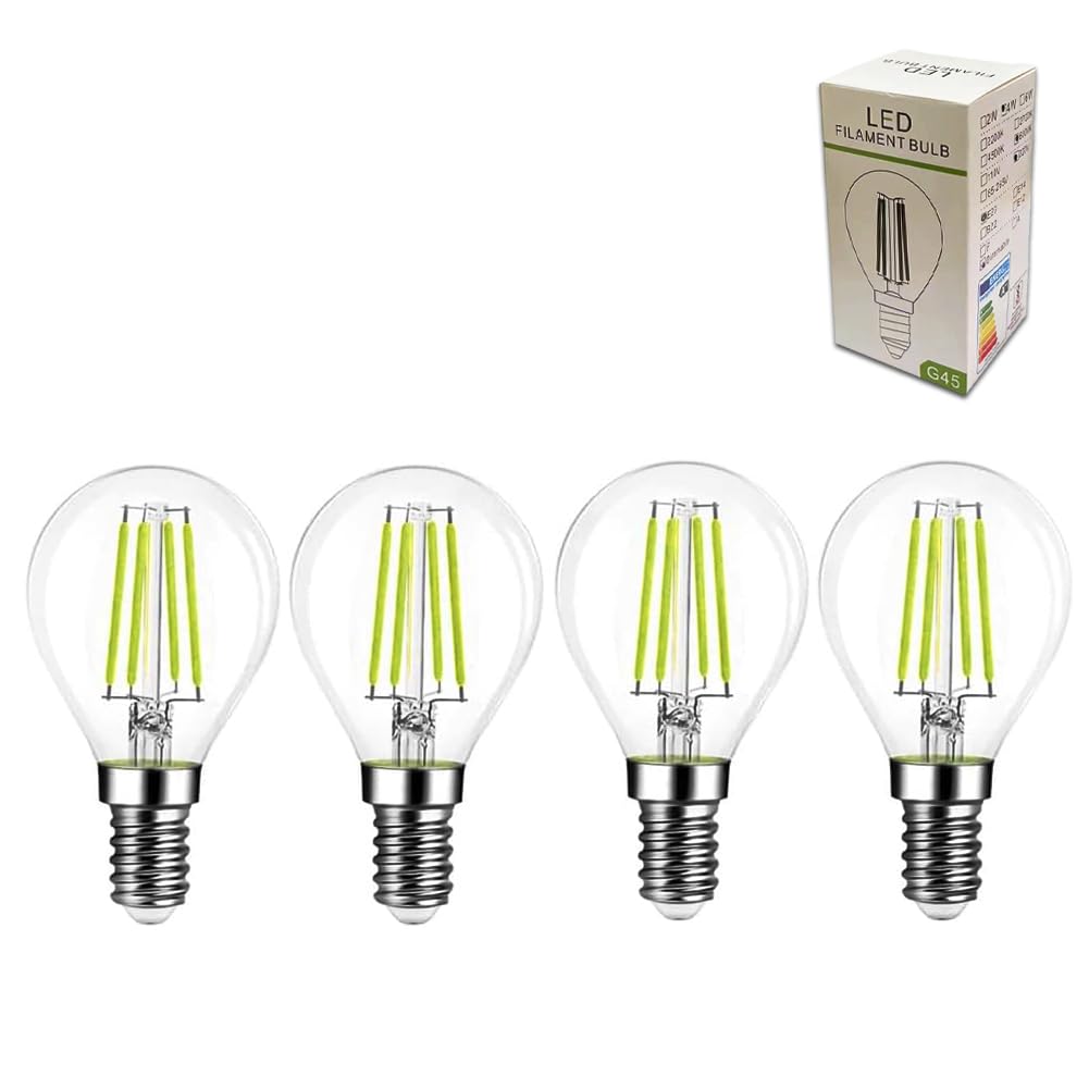 Xnordcaper G45 E14 Dimmable Golf Ball LED Light Bulbs, 4W Energy Saving G45 Mini Globe LED Filament Light Bulb Clear Glass 6000k Cool White E14 SES Small Edison Screw Bulbs, 40W Equivalent, Pack of 4