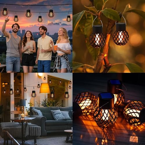 Hqynss 8 Pack Outdoor Solar Hanging Flame Lights - IP65 Waterproof - Garden Patio Balcony Fence Yard Party Decoration