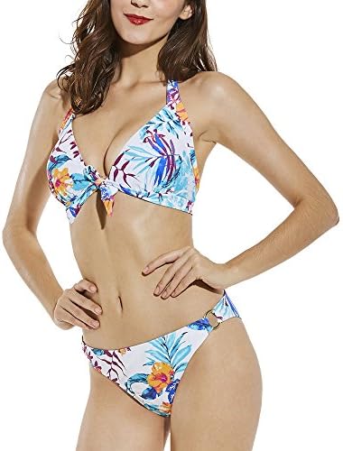 Queenskini Women Bikini Flowers Halter Push Up Padding Deep V Front tie knot Top Brazilian Triangle Gloden Plaste Hook Bottom Swimsuit Set