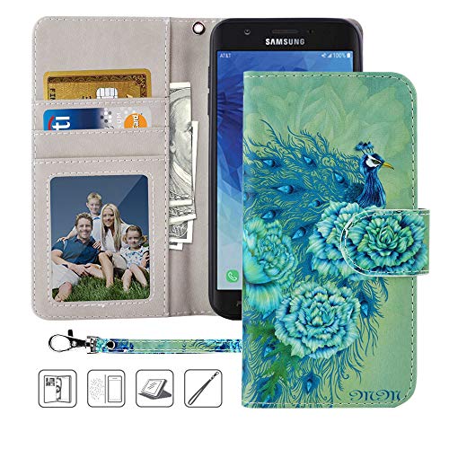 Galaxy J7 Refine Wallet Case,MagicSky J7 Aero,J7 Top,J7 Aura,J7 Crown,J7 Eon PU Leather Flip Folio Case Cover with Wrist Strap,Card Holder,Kickstand for Samsung Galaxy J7 2018(Green Peacock)